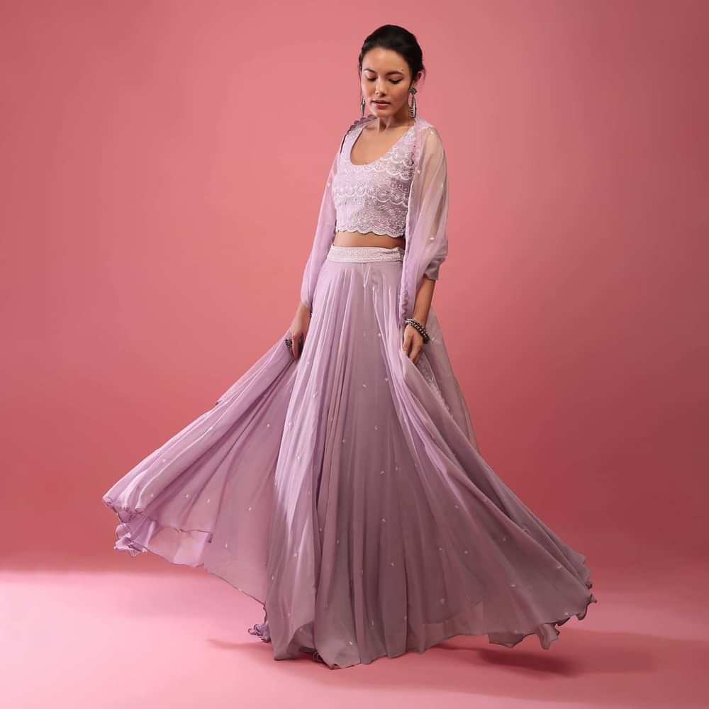 Lavender Purple Lehenga In Georgette With Fully Embroidered Blouse And Organza Dupatta