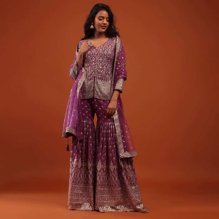 Orchid Purple Embroidered Sharara Suit In Georgette