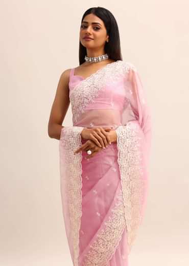 Pink Organza Saree With Resham Embroidered Pallu And Unstitched Blouse