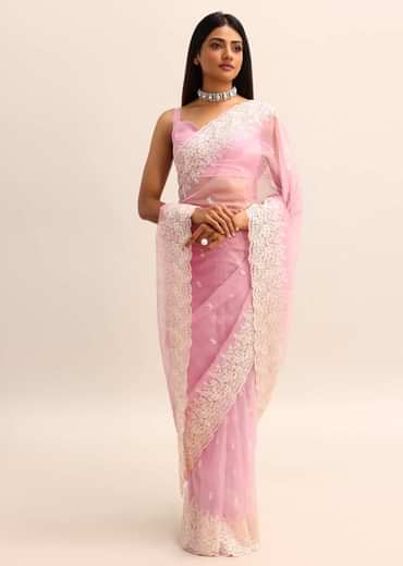 Pink Organza Saree With Resham Embroidered Pallu And Unstitched Blouse