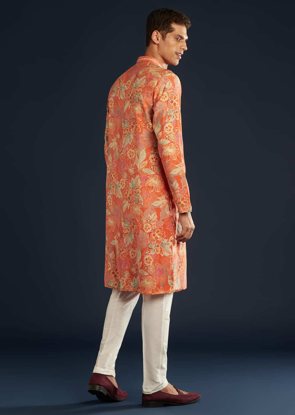 Ornage Silk Kurta Set with Floral Prints