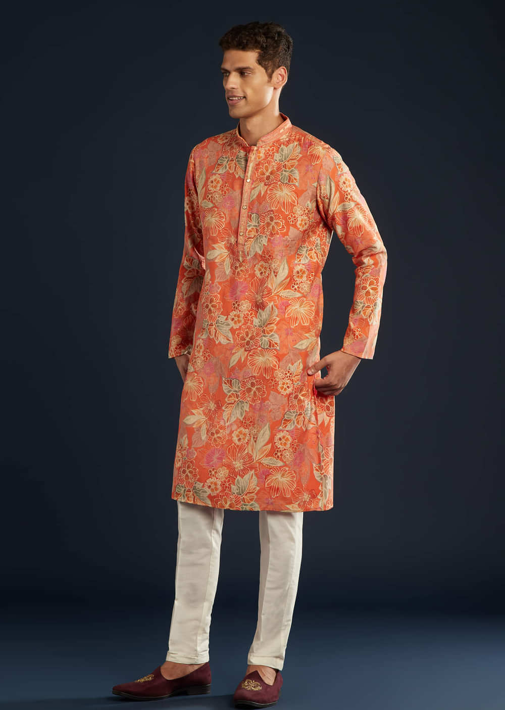Ornage Silk Kurta Set with Floral Prints