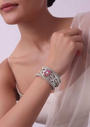 Oxidised Kada In Silver Finish With Meenakari Work
