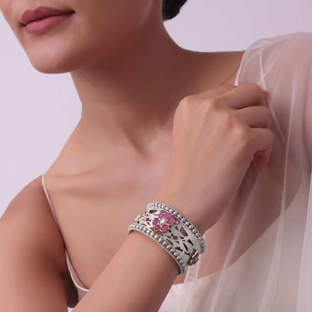 Oxidised Kada In Silver Finish With Meenakari Work
