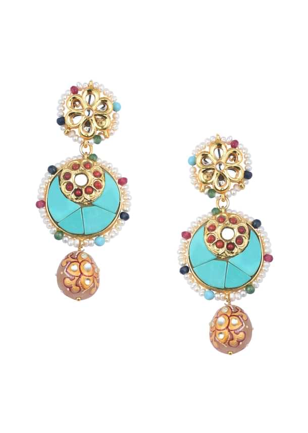 Oxidised Pendant Necklace Set With Bead Drops And Floral Motifs