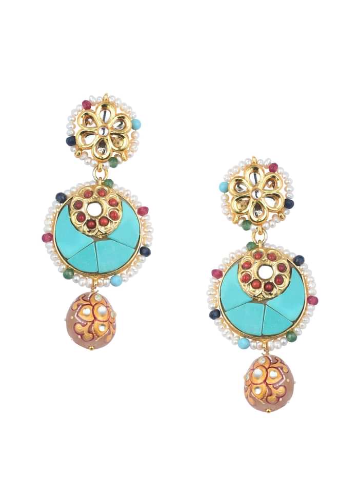 Oxidised Pendant Necklace Set With Bead Drops And Floral Motifs