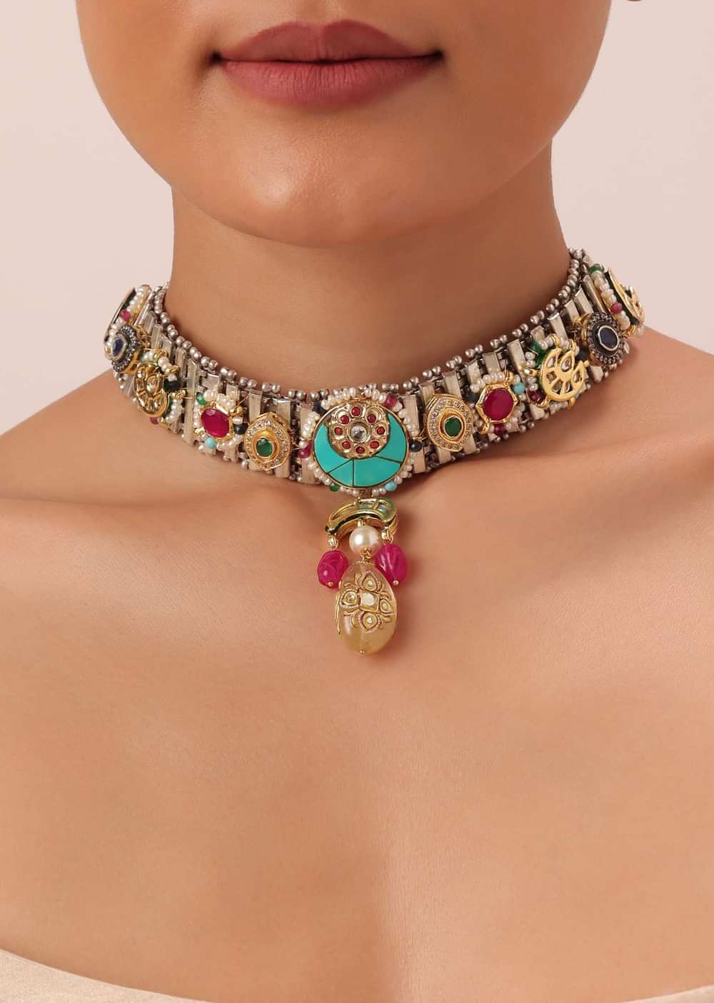 Oxidised Pendant Necklace Set With Bead Drops And Floral Motifs