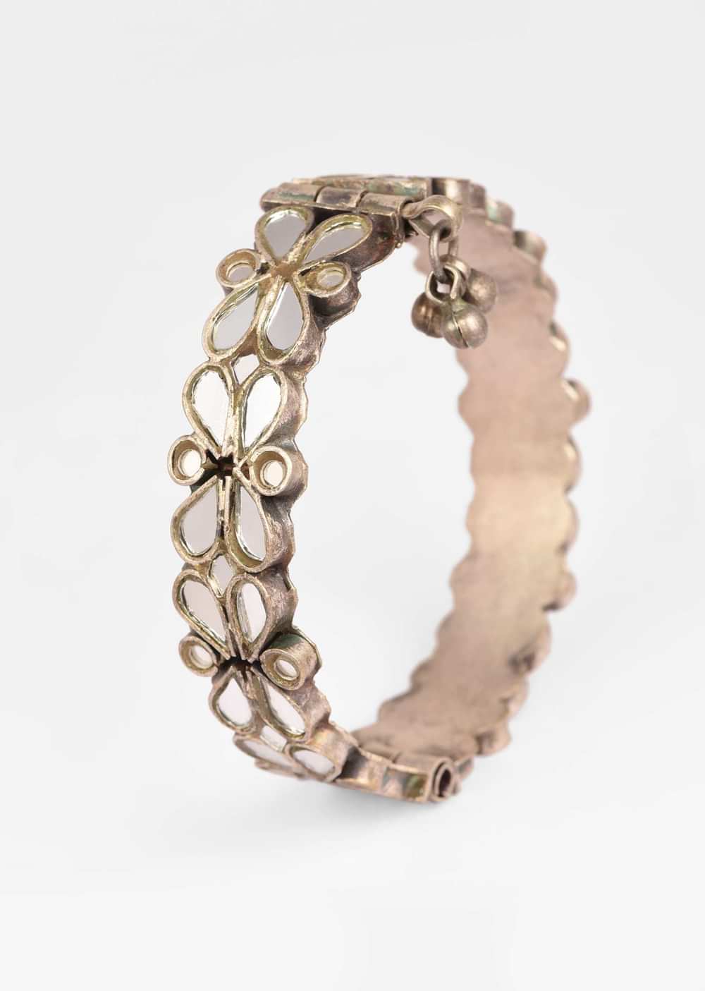 Oxidised Silver Bracelet With White Mirror Work