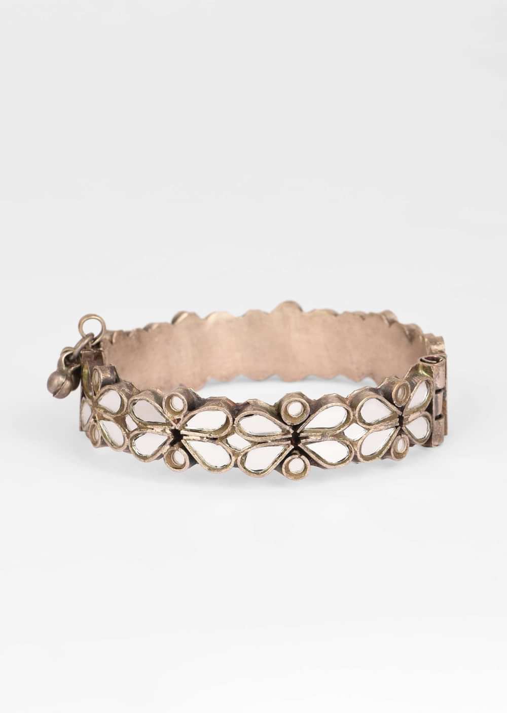 Oxidised Silver Bracelet With White Mirror Work