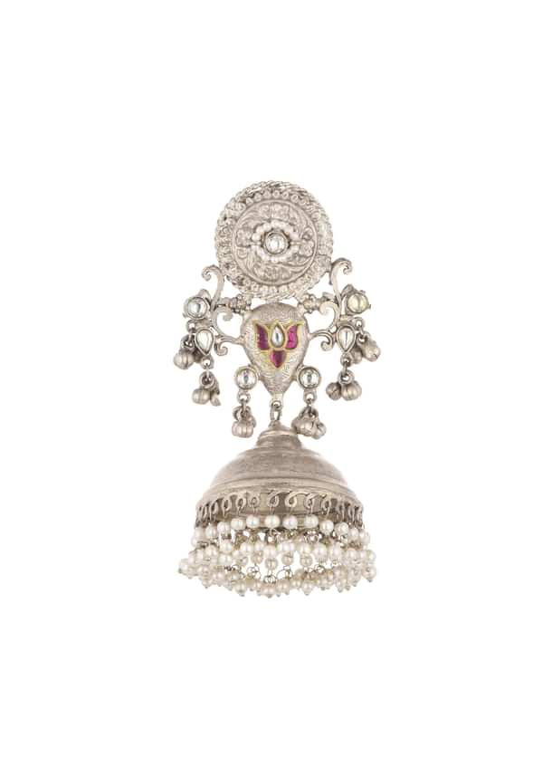 Oxidised Silver Finish Jhumkas With Meenakari Work Oxidised Silver Finish Jhumkas With Meenakari Work