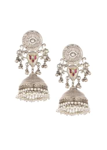 Oxidised Silver Finish Jhumkas With Meenakari Work