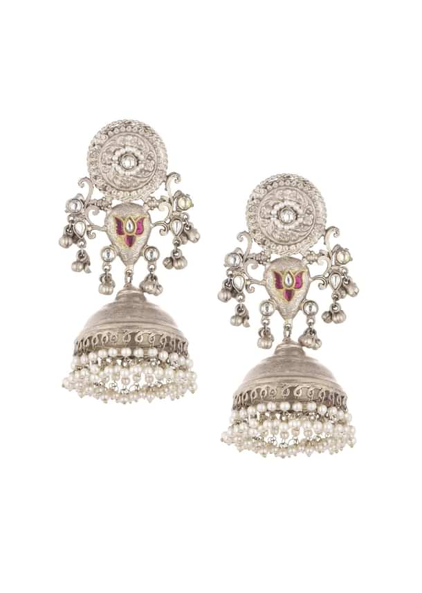 Oxidised Silver Finish Jhumkas With Meenakari Work Oxidised Silver Finish Jhumkas With Meenakari Work