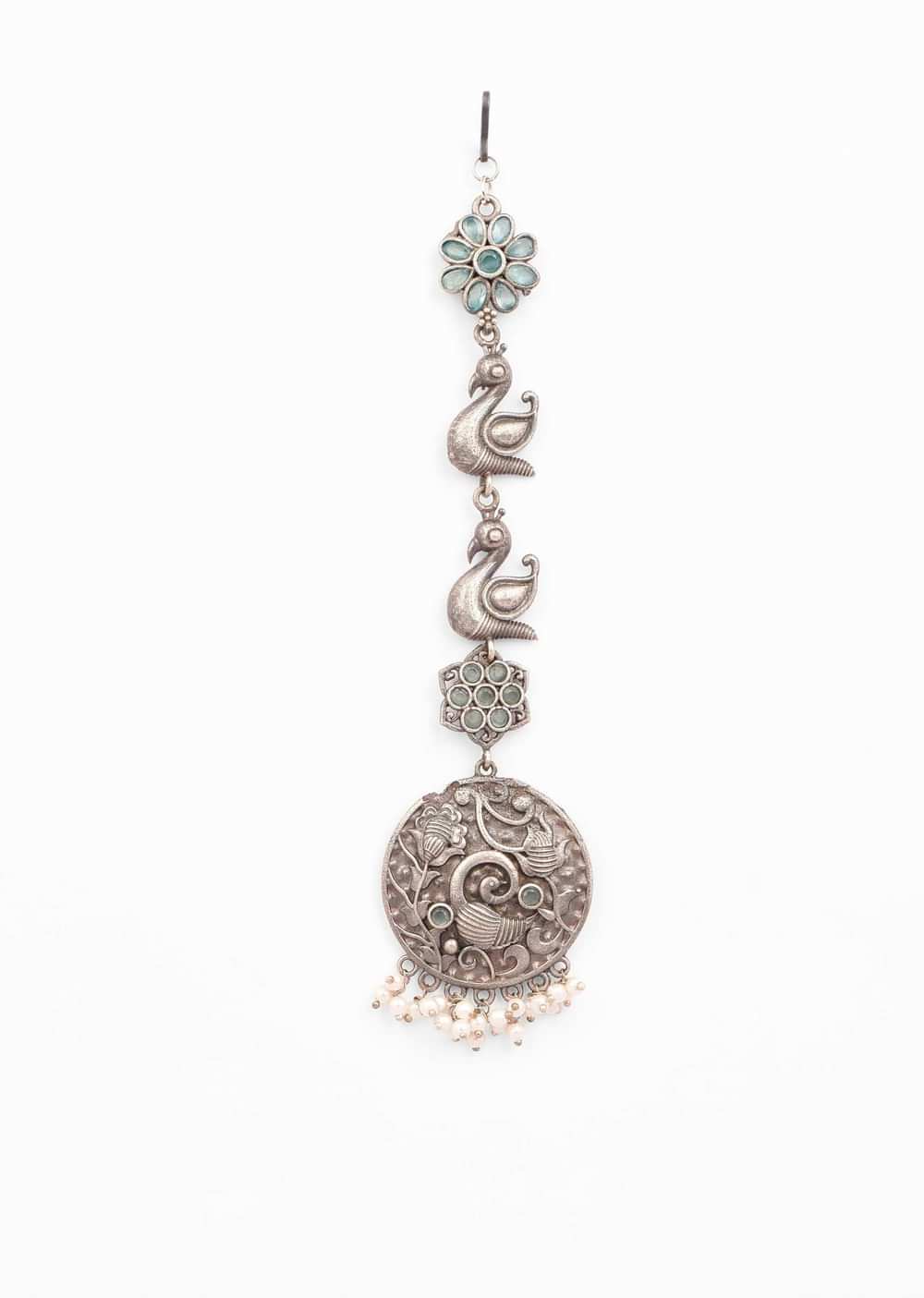Oxidised Silver Mangtika With Carved Peacock Motif Edged In Moti Tassels