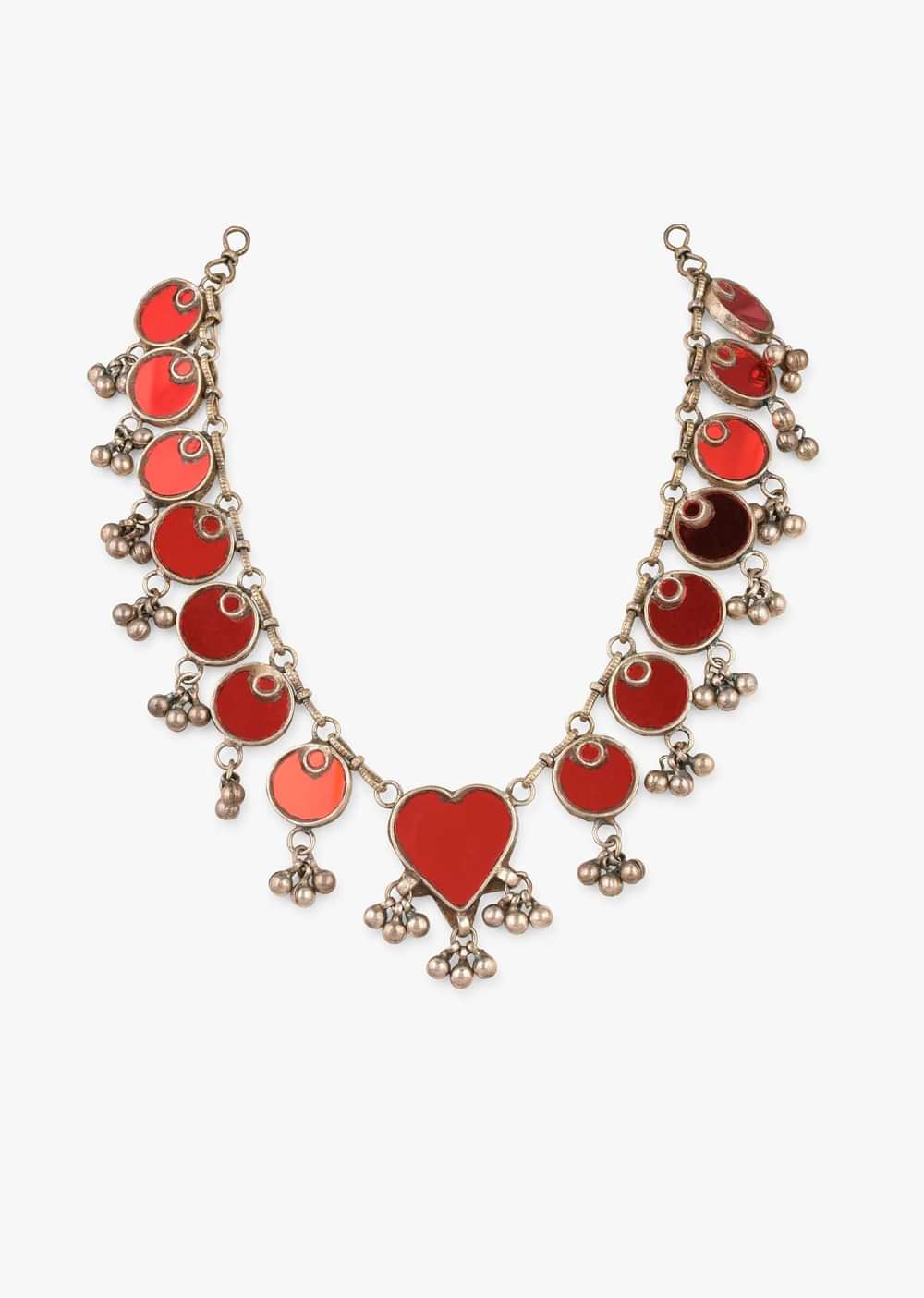 Oxidised Silver Necklace With Red Glass Work And Ghunghroo Tassels