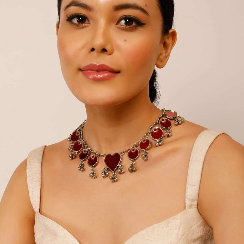 Oxidised Silver Necklace With Red Glass Work And Ghunghroo Tassels