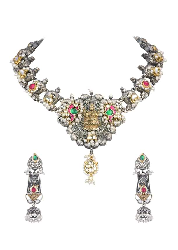 Oxidized Meenakari Necklace With Long Jhumkas Oxidized Meenakari Necklace With Long Jhumkas