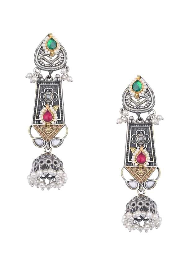 Oxidized Meenakari Necklace With Long Jhumkas Oxidized Meenakari Necklace With Long Jhumkas