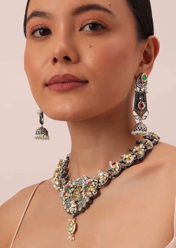Oxidized Meenakari Necklace With Long Jhumkas Oxidized Meenakari Necklace With Long Jhumkas