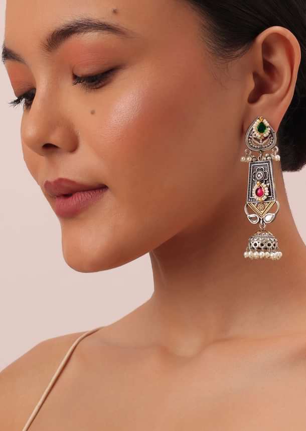 Oxidized Meenakari Necklace With Long Jhumkas Oxidized Meenakari Necklace With Long Jhumkas