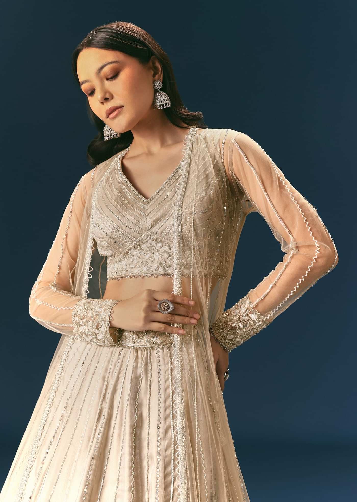 Oyster Lehenga Set In Organza With Jacket