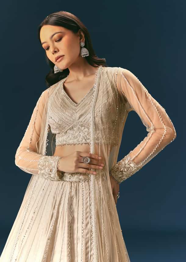 Oyster Lehenga Set In Organza With Jacket
