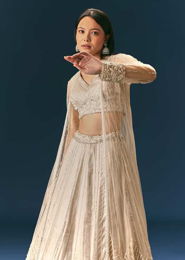 Oyster Lehenga Set In Organza With Jacket