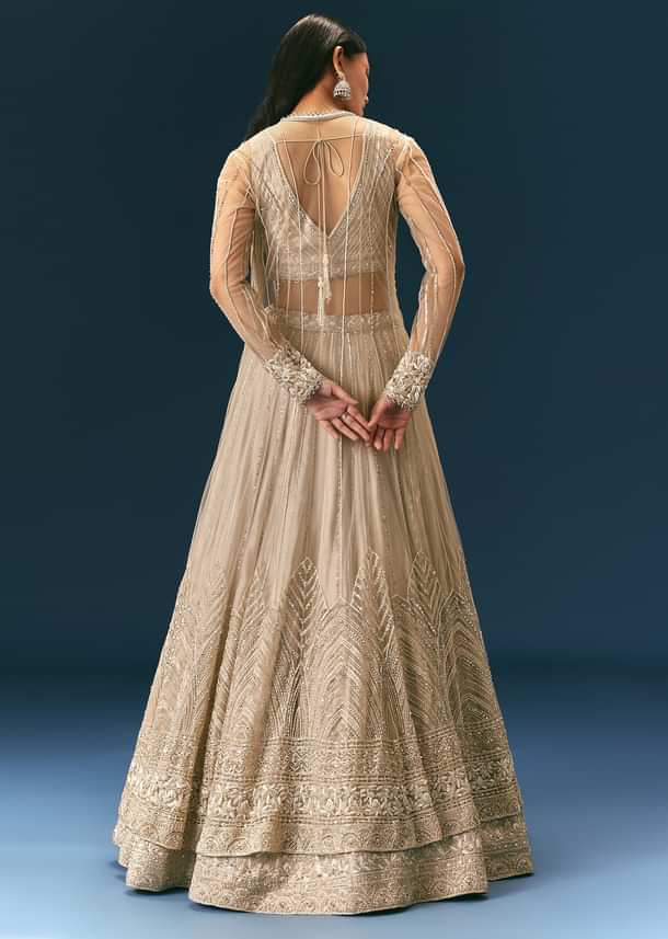 Oyster Lehenga Set In Organza With Jacket