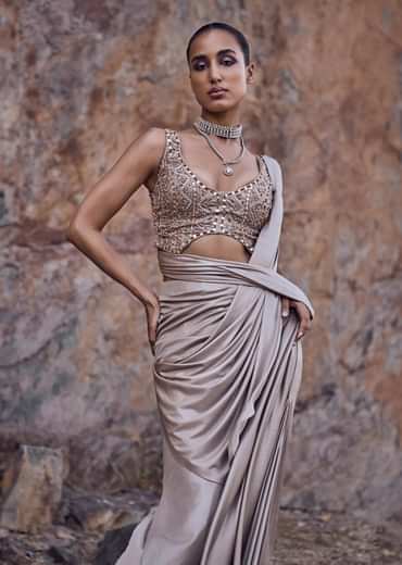 Oyster Beige Pre-Stitched Saree With Stylized Blouse