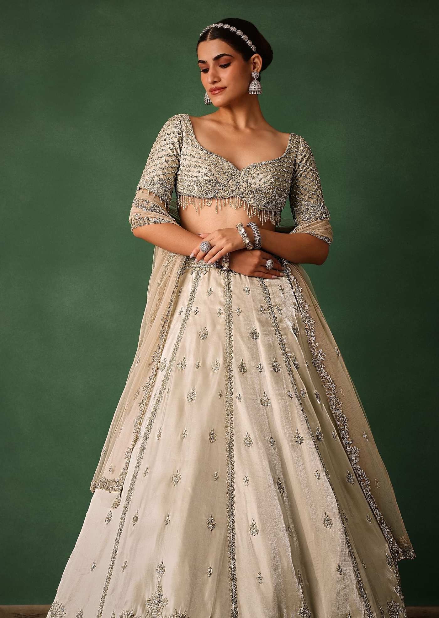 Oyster Hand Embroidered Organza Lehenga Set With Cutdana Work