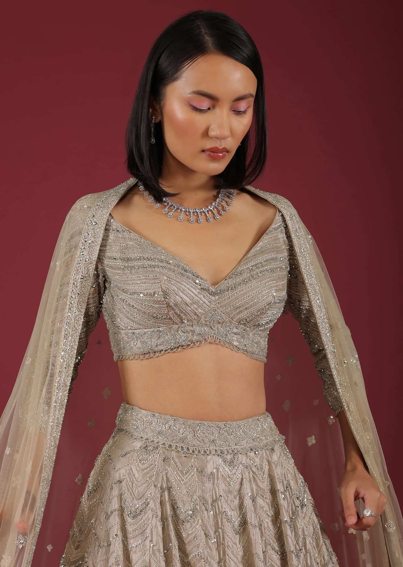Oyster Organza Lehenga With Cut Dana Embroidery, Crop Top Comes In 3/4Th Sleeves With A Deep V Neckline