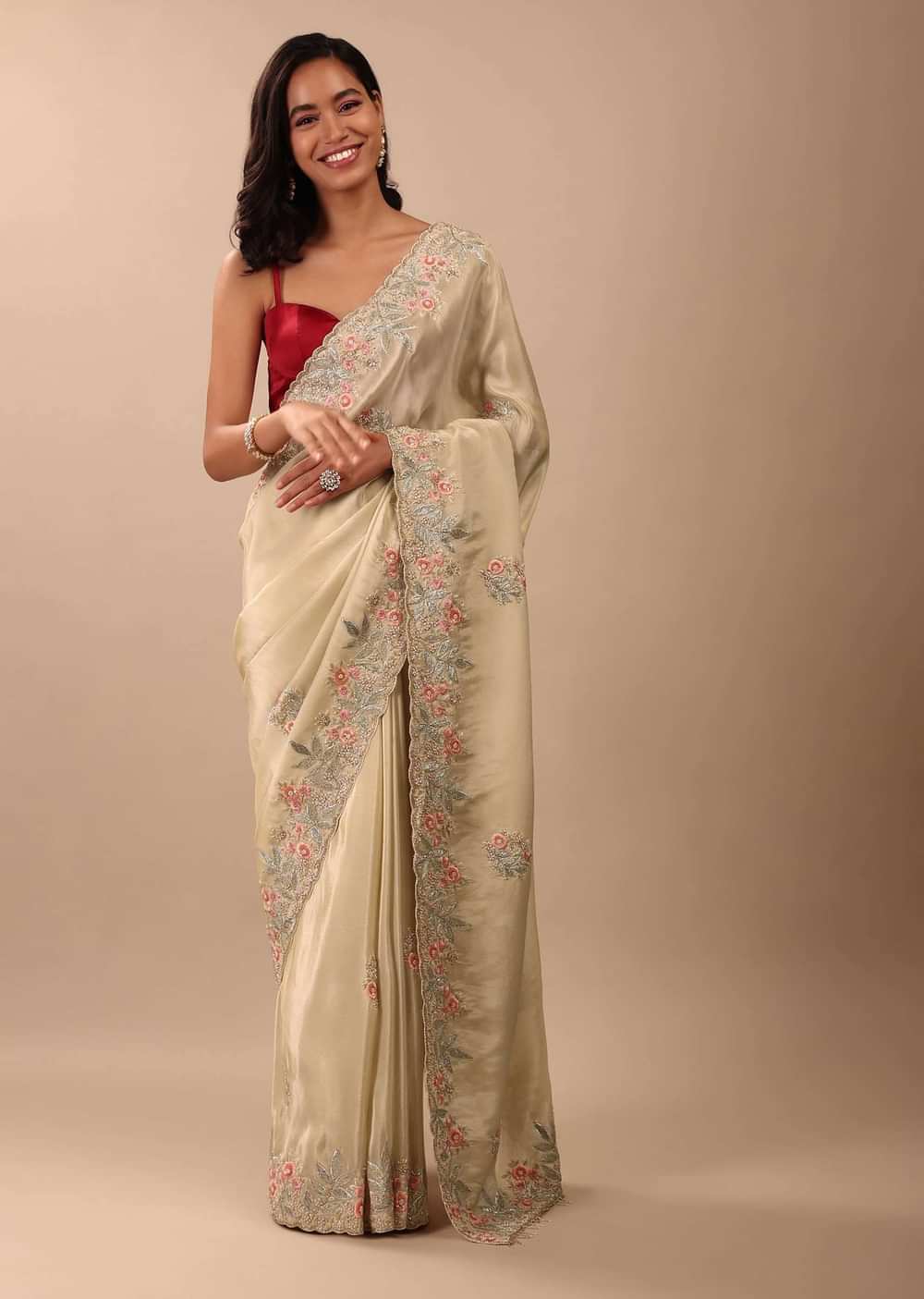Cream White Saree In Glass Tissue Fabric And Gotta Resham Embroidery With Cut Dana, Moti & Sequins