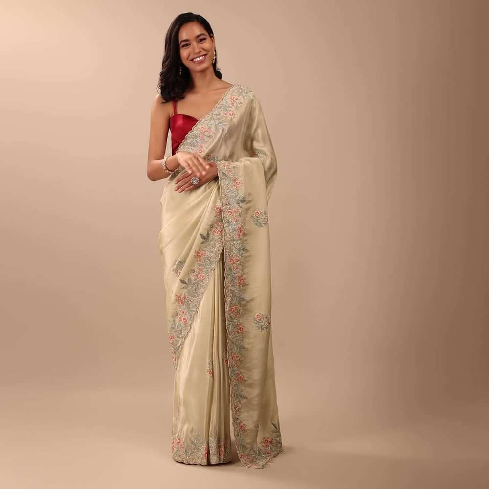 Cream White Saree In Glass Tissue Fabric And Gotta Resham Embroidery With Cut Dana, Moti & Sequins