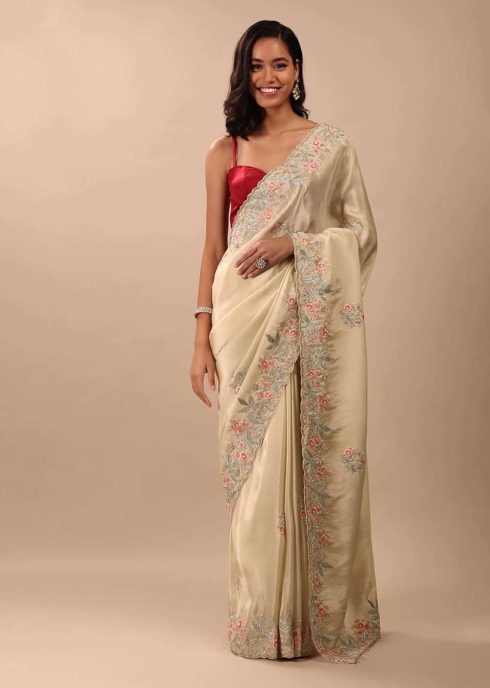 Cream White Saree In Glass Tissue Fabric And Gotta Resham Embroidery With Cut Dana, Moti & Sequins