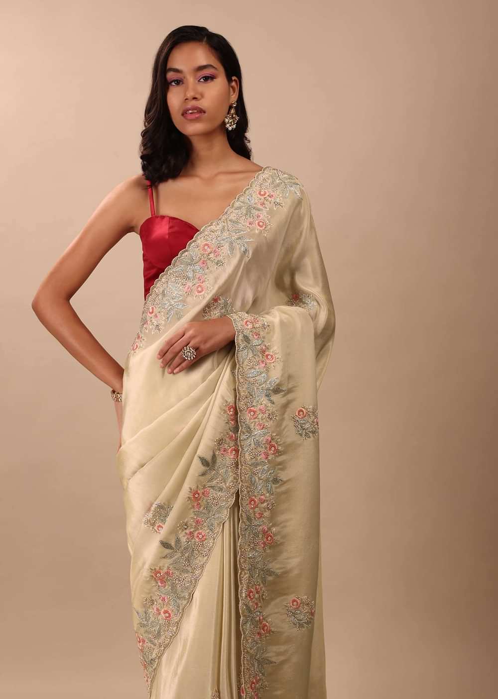 Cream White Saree In Glass Tissue Fabric And Gotta Resham Embroidery With Cut Dana, Moti & Sequins