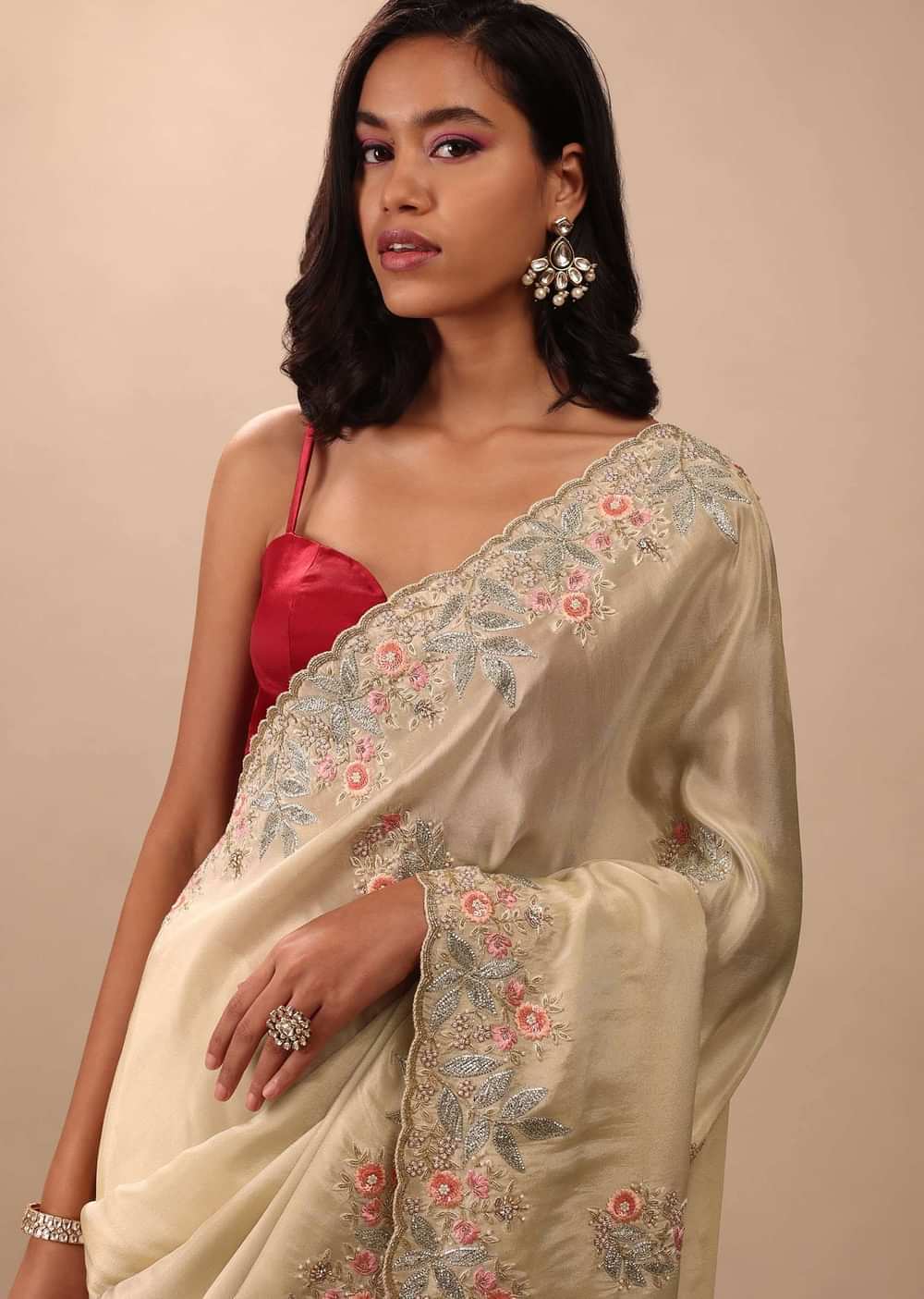 Cream White Saree In Glass Tissue Fabric And Gotta Resham Embroidery With Cut Dana, Moti & Sequins