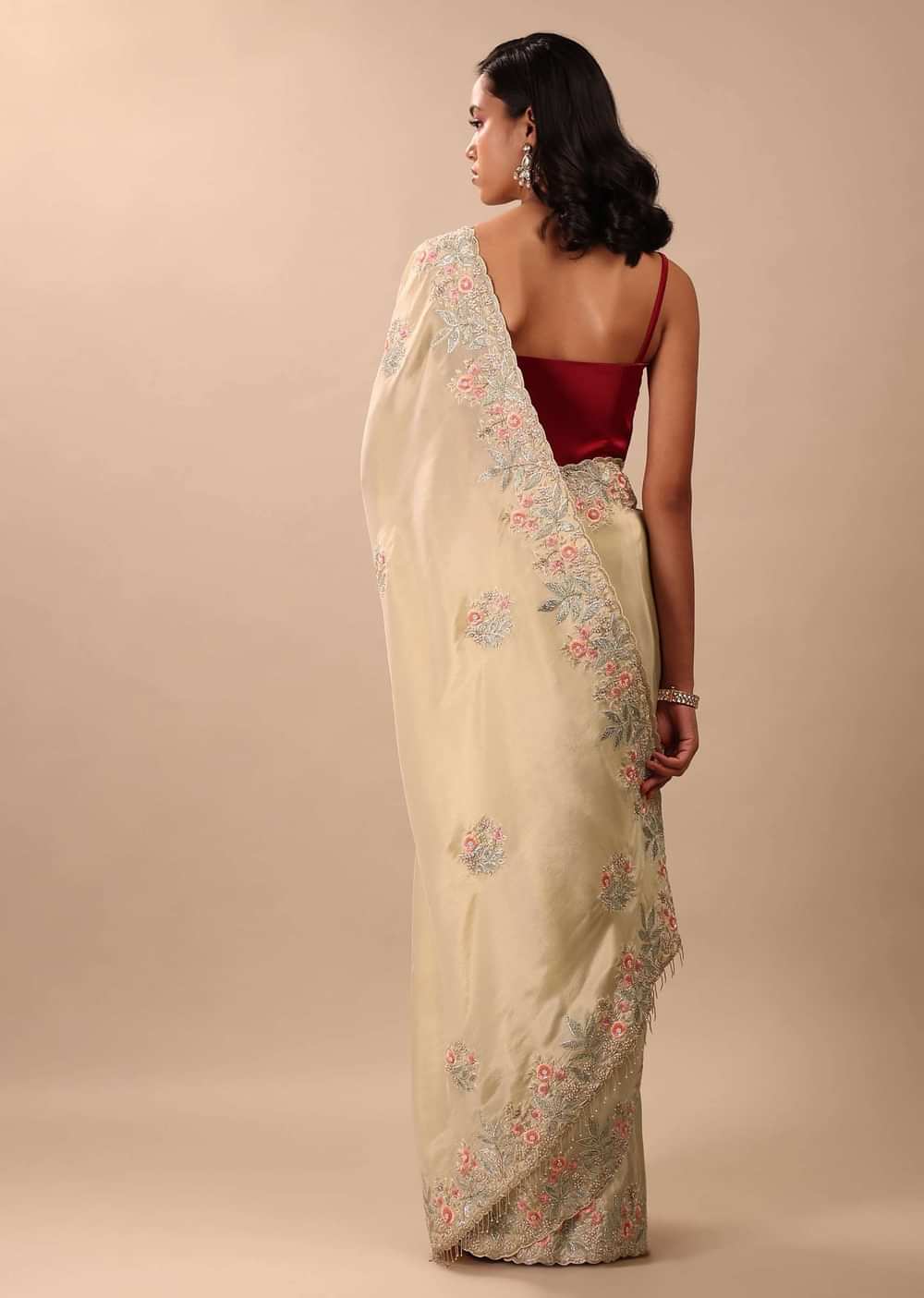 Cream White Saree In Glass Tissue Fabric And Gotta Resham Embroidery With Cut Dana, Moti & Sequins