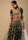 Palace Green Lehenga Choli In Velvet With Short Puff Sleeves And Multi Colored Hand Embroidery In Floral And Geometric Motifs