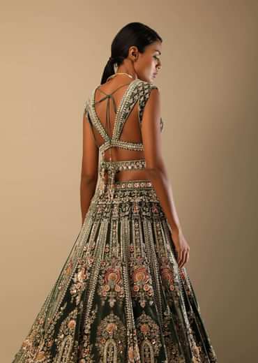 Palace Green Lehenga Choli In Velvet With Multi Colored Hand Embroidered Heritage Kalis With Hints Of Flowers