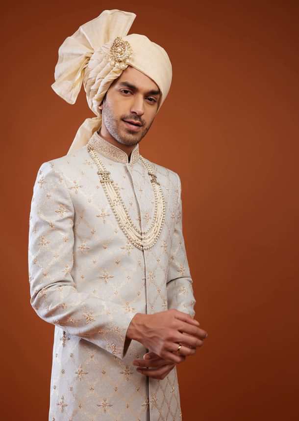 Cloud Grey Brocade Embroidered Sherwani Set