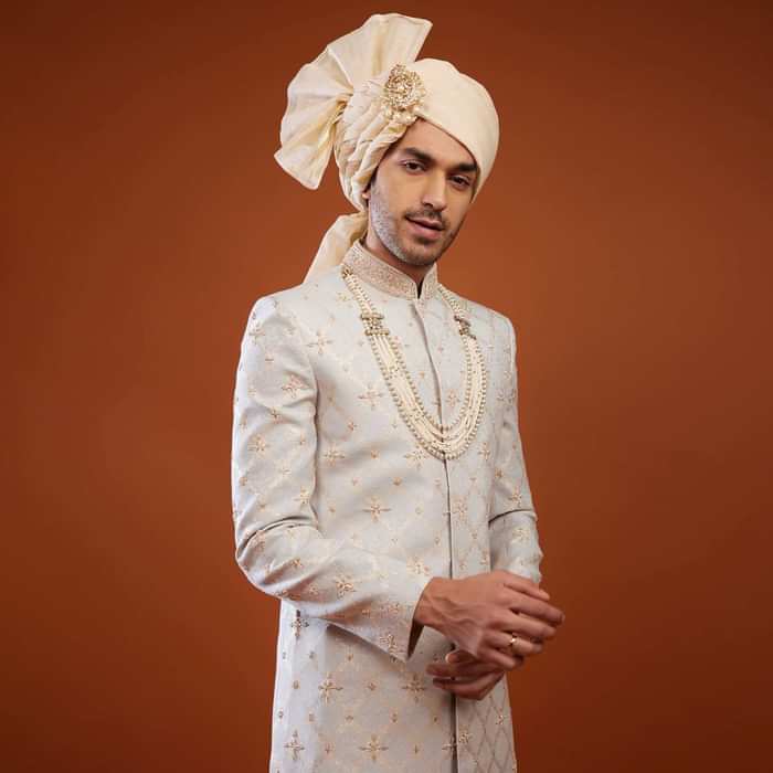Cloud Grey Brocade Embroidered Sherwani Set