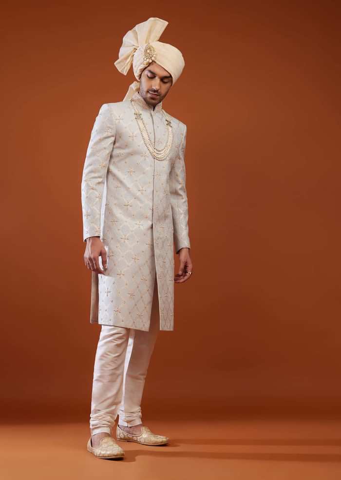 Cloud Grey Brocade Embroidered Sherwani Set