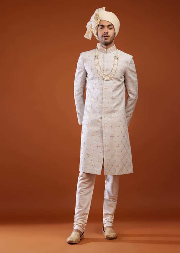 Cloud Grey Brocade Embroidered Sherwani Set