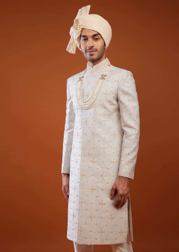 Cloud Grey Brocade Embroidered Sherwani Set