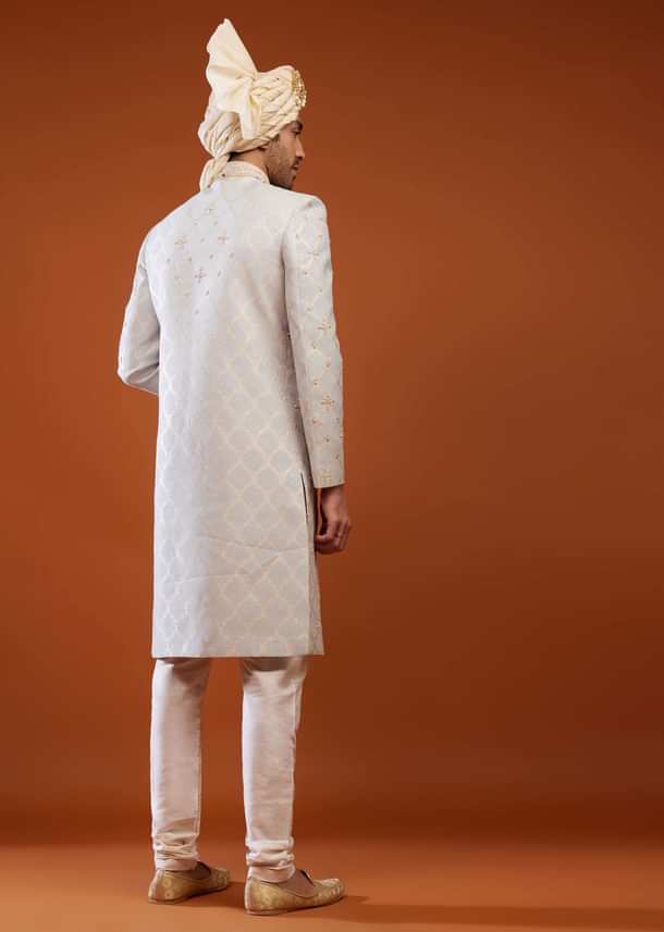 Cloud Grey Brocade Embroidered Sherwani Set
