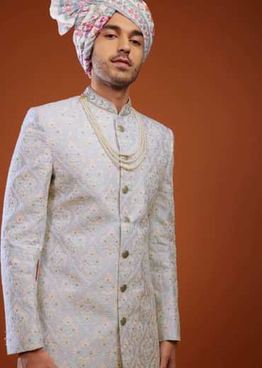 Powder Blue Floral Embroidered Sherwani Set In Silk