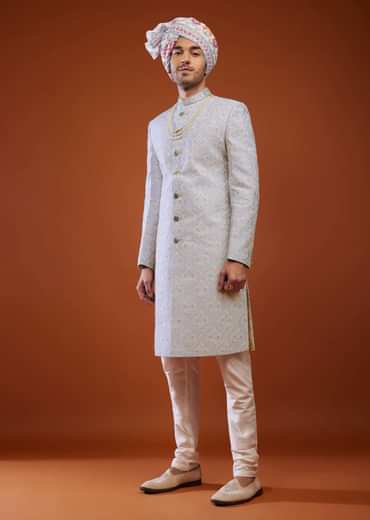 Powder Blue Floral Embroidered Sherwani Set In Silk