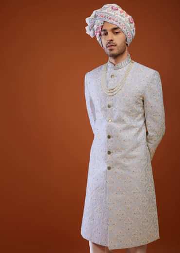 Powder Blue Floral Embroidered Sherwani Set In Silk