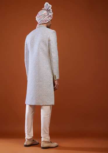 Powder Blue Floral Embroidered Sherwani Set In Silk