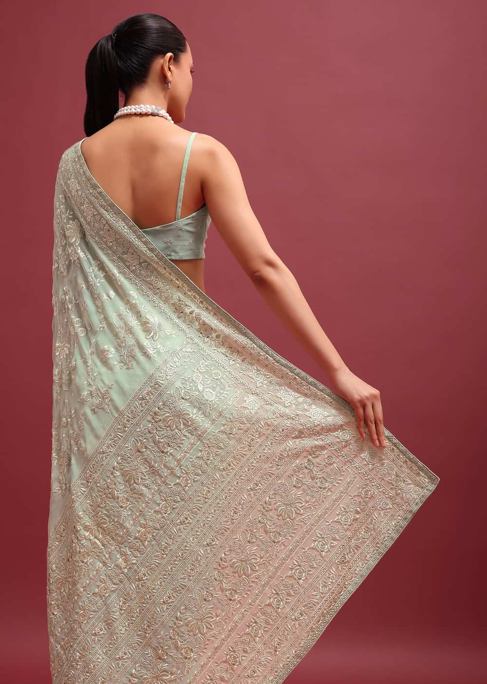 Pale Green Embroidered Parsi Gara Saree In Floral Resham Work And Unstitched Blouse