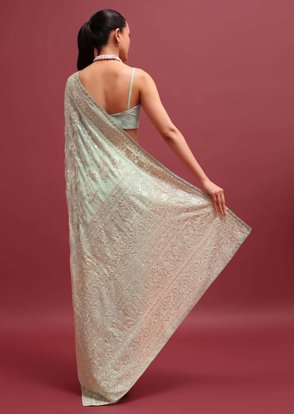 Pale Green Embroidered Parsi Gara Saree In Floral Resham Work And Unstitched Blouse